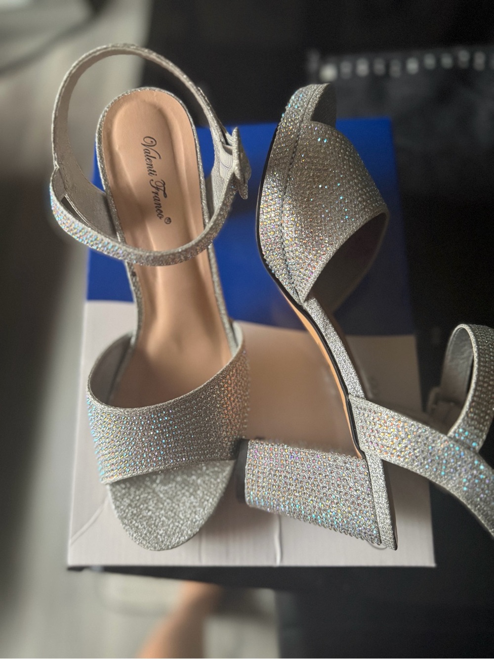 Silver Glitter Block Heel Sandals